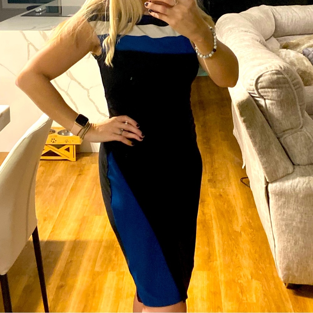 Ralph Lauren Chaps Colorblock Black Blue & White Ruched Side Sheath Dress, Small